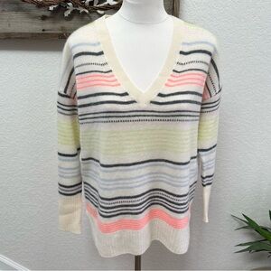 PURE Collection Cashmere striped‎ v-neck colorful sweater ladies size M